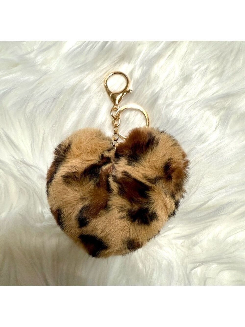 Leopard Print Faux Fur Heart Bag Charm Keychain New